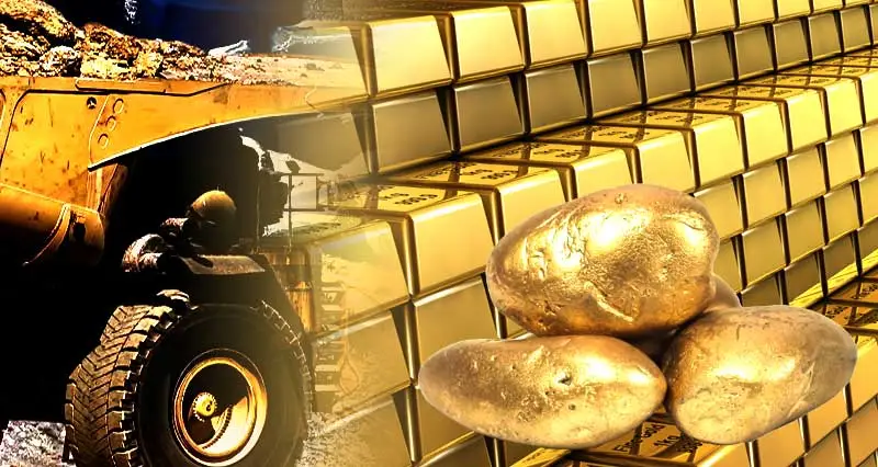 Goldmine, Goldbarren und Gold Nuggets